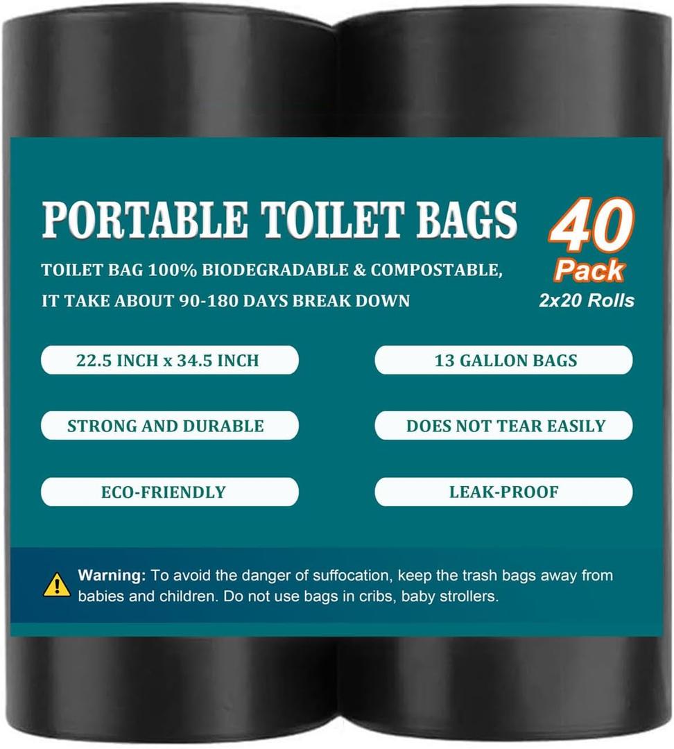 2 x 40 PCS 13 Gallon Portable Toilet Bags for Camping, Biodegradable Trash bags - 1 Mills Thickened Waste Bag, Camping Poop Bag for Trash Lawn, Leaf Yard, Home, Travel, Outdoor