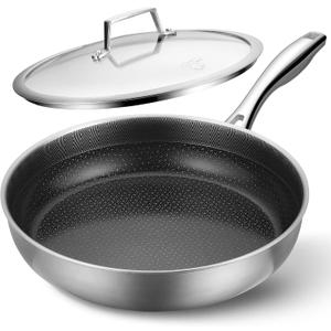 PekGema Hybird Nonstick Frying Pan with Lid 12 inch, Stainless Steel Skillet, Ceramic Non-stick Oven-Safe Chef Pan, Induction Ready, PFOA PFAS FREE Cookware
