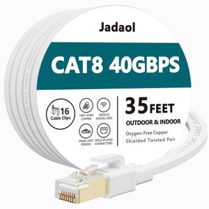 Jadaol Cat 8 Ethernet Cable 35 ft, 40Gbps 2000MHz Flat RJ45 S/FTP LAN Patch Cable, High-Speed Cat8 Network Cable for Router, Modem, Switch, Gaming Consoles, PC, Home Network & Streaming Devices, White