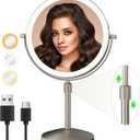 8" Lighted Makeup Mirror, 1X/10X Magnification with Light, Double Sided Dimmable, Rechargeable & Brightness & Height Adjustable, Cordless Vanity (Brushed Nickel)