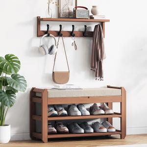 27.6" Shoe Rack Bench with Coat Rack, 2-Tier Entryway Storage Bench