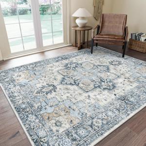 GENIMO 9x12 Area Rugs for Living Room, Non Slip Machine Washable Vintage Rugs, Low Pile Lightweight Chenille Print Large Rug for Bedroom, Dining Room, Home Office, Blue