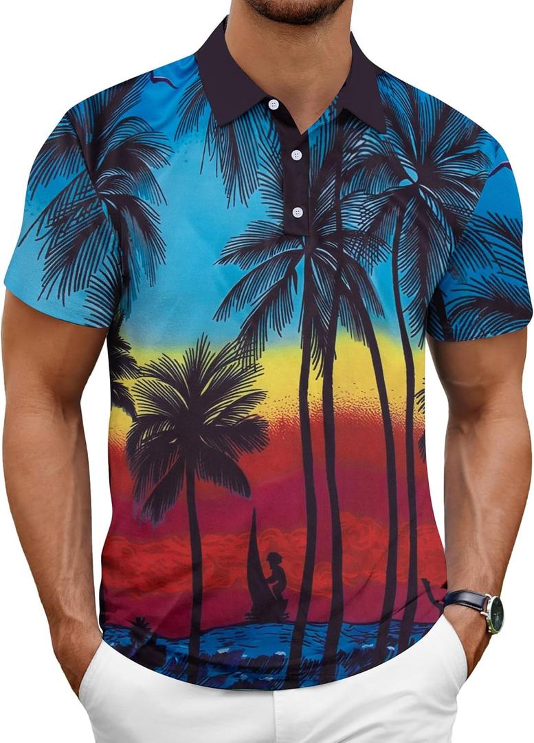 Hawaiian Golf Polo Shirts for Men Hawaiian Polo Shirts Premium Print Golf Top Moisture Wicking Dry Fit Soft Sports Tees (M)
