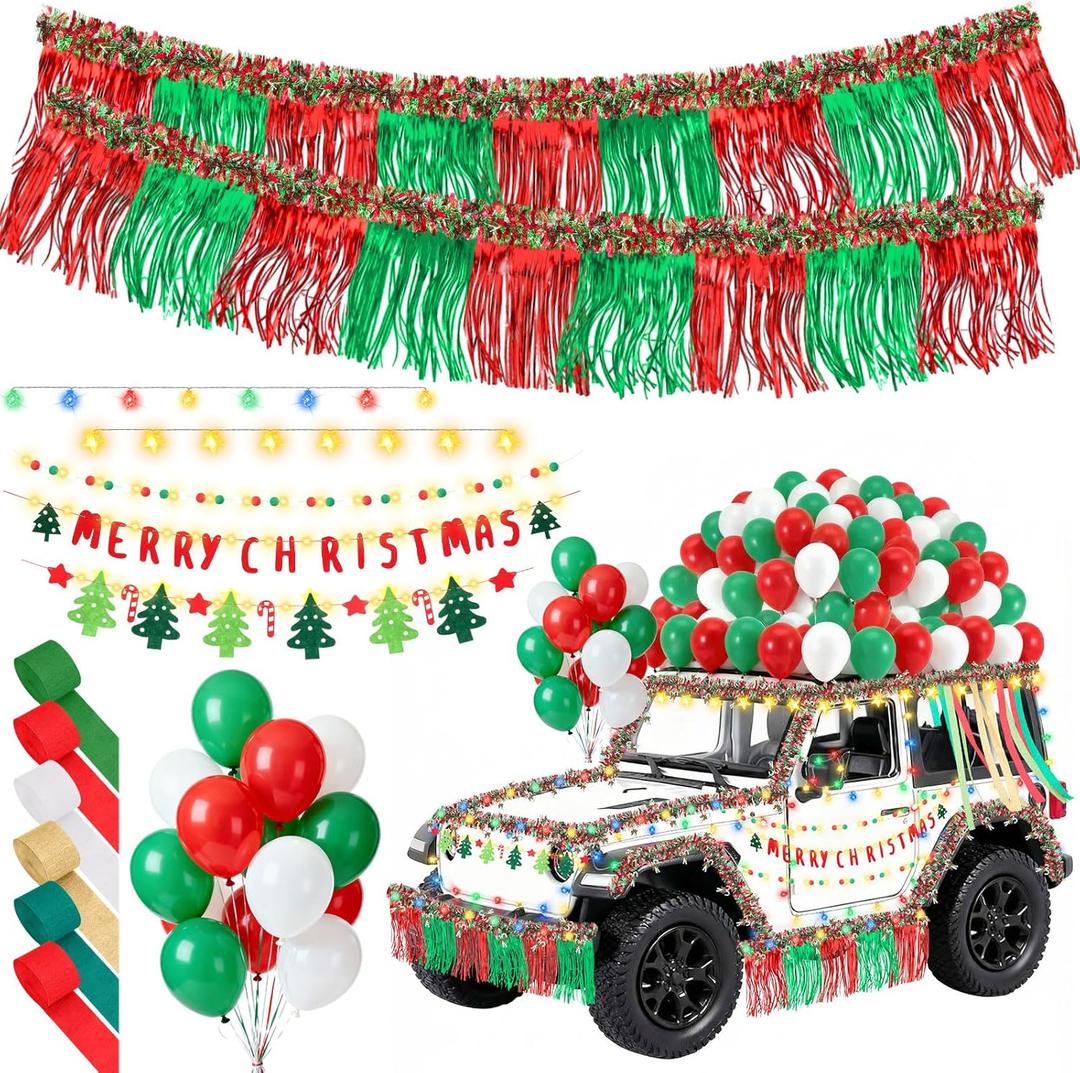 119 Pcs LED Christmas Parade Float Large Car Decoration Kit Colored Light String Christmas Decoration Flag Float Rain Curtain Colored Crepe Paper Balloon for Trailer Parade Party Decor