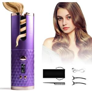 Automatic Curling Iron, Hair Curling Iron for Hair Styling, Cordless Auto Hair Curler, with 6 Temps and Timers, Auto Shut-Off, Fast Heating, Rechargeable Cordless Hair Curler 1 (Purple)