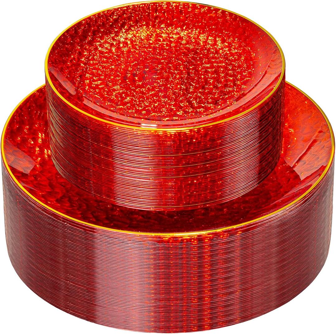 Rubtlamp 60 Pcs Red Plasitc Plates, Gold Red Disposable Plates, Fancy Party Plates, Hammered Plastic plates Include 30 Dessert Platos, 30 Dinner Platos for Party