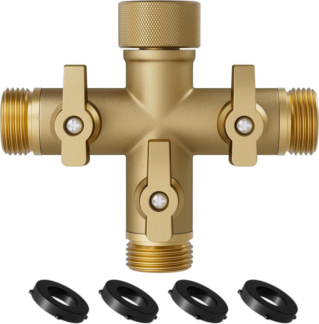 Hose Splitter Solid Brass 3 Way + Type Outdoor Faucet and Water Spigot Connector with Shut-Off Valves, 4 Extra Silicone Washers Included