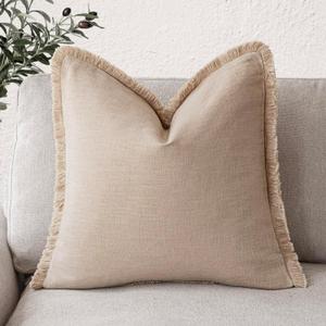 Foindtower Decorative Linen Fringe Throw Pillow Covers Cozy Boho Farmhouse Cushion Cover with Tassels Soft Accent Pillowcase for Chair Sofa Bed Living Room Home Decor, 1616 Inch, 1PC,Tan Beige (Semolina)