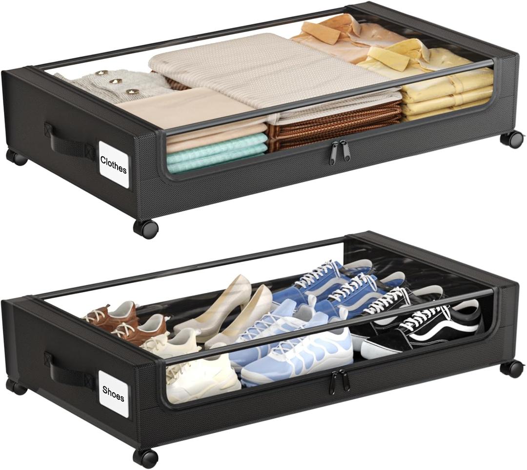 Under Bed Storage with Wheels, 4 Pack Under Bed Storage Containers with Clear Lids, XXL 60L UnderBed Organizers for Clothes, Shoes – Durable Storage Bins with Smooth Rolling Wheels (White, 4 Pack)