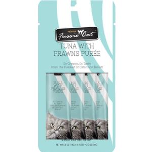 4 x Fussie Cat Tuna with Prawns Puree, lickable cat Treats, 0.5oz Pouch Pack of 4 (EXP 09/13/27)