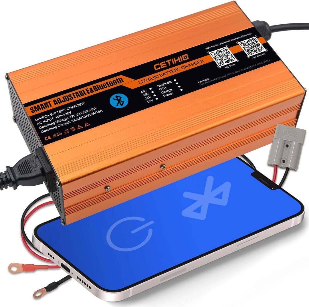 12V 24V 36V 48V Smarter Adjustable Lithium Battery Charger with Anderson Plug. Bluetooth APP Control, LIFEPO4 Battery Charger. 16FT, 3-Stage Charge Technology, for Golf Cart, Truck, RV, Boat and More