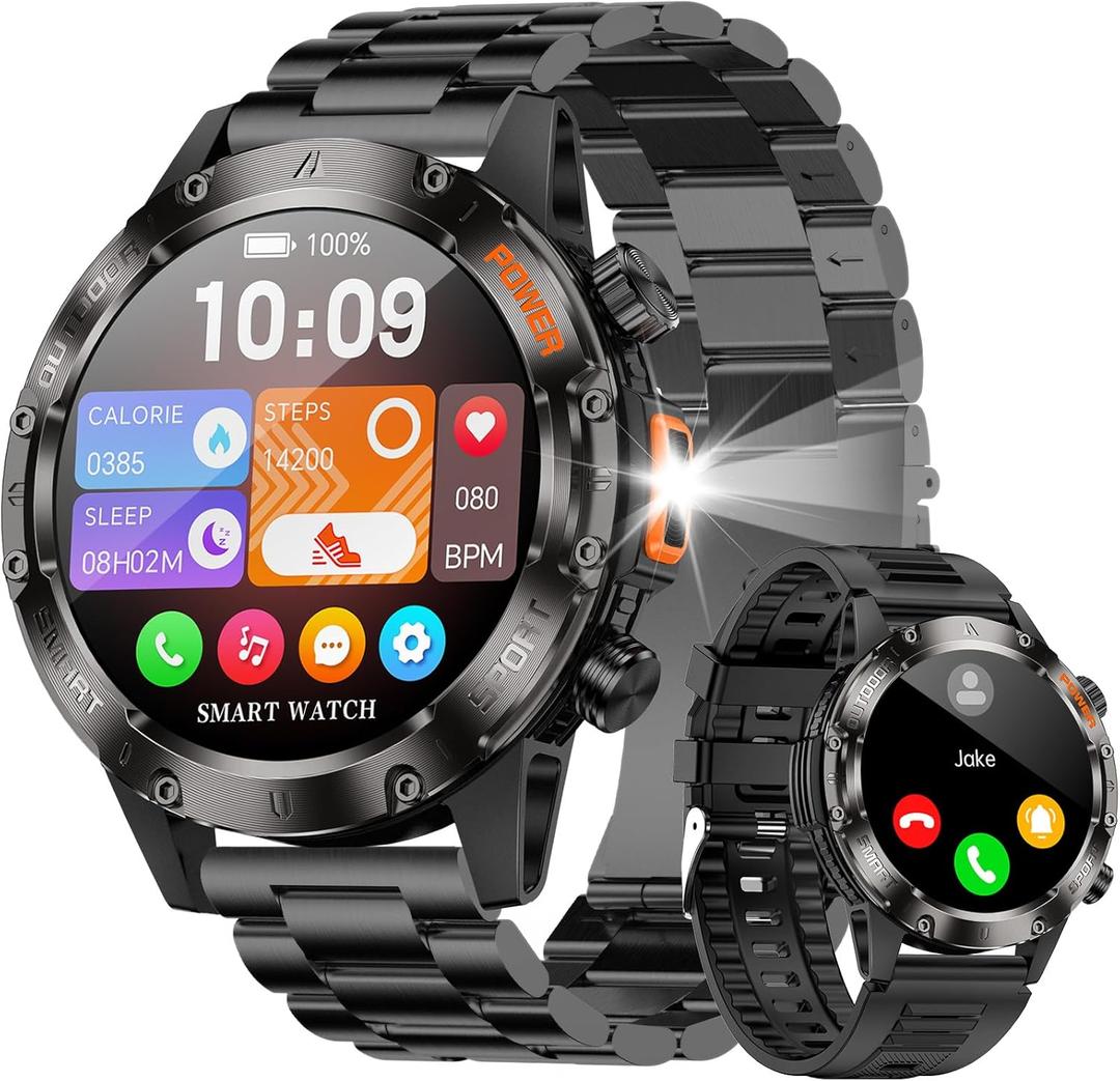 Smart Watches for Men,Military Rugged Men Smartwatch, Stainless Steel Body, IP68 Waterproof, 30-Day Long Standby, Answer/Make Call, 1.43" HD Screen, Compatible for Android iOS(2 Bands) (Dark)