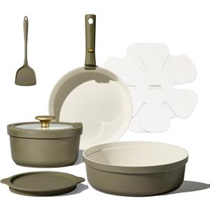 Carote 9pcs Ceramic Cookware Set with Detachable Handles, Pots and Pans Set Non Stick, RV Kitchen Cooking Pot and Pan, Dishwasher Safe, Non-toxic Induction Cookware PFAS and PFOA Free, Green