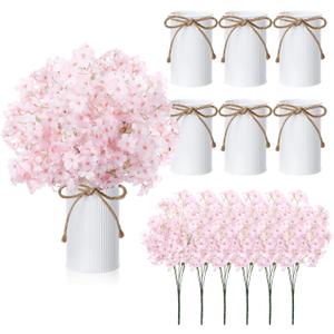 6 Set Artificial Cherry Blossom Branches with 6 Set White Metal Vases 14.17 Inches Pink Cherry Blossom Stems Faux Silk Flowers Decorative Branches for Vase Spring Summer Home Decor Indoor