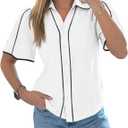 Tankaneo Womens Puff Short Sleeve Button Down Shirts Summer V Neck Color Block Tops Dressy Casual Blouse (White, L)