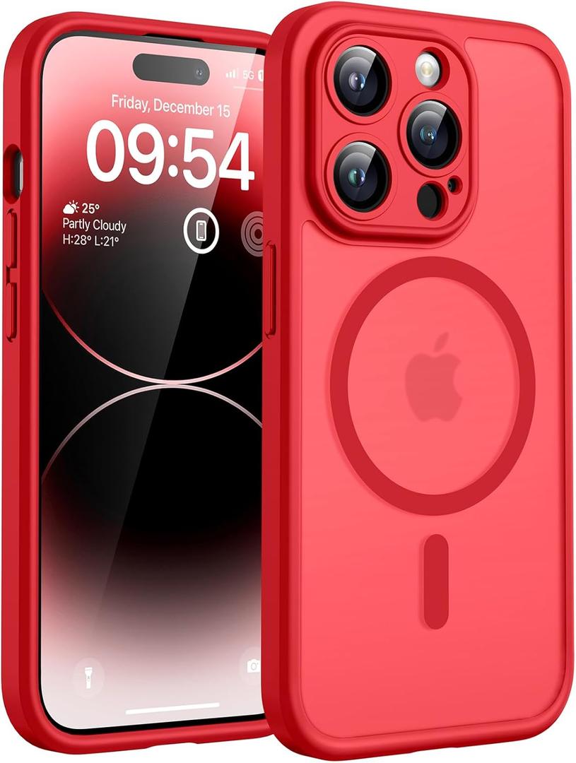 TOCOL Magnetic for iPhone 14 Pro Case, Upgraded Full Camera Protection, Compatible with Magsafe, Drop Protection, Translucent Matte Back Bumper Phone Cover 6.1-Inch (Red)
