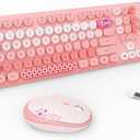 FOPETT Wireless Keyboard and Mouse Combo - 2.4G Full-Sized Cute Colorful Retro Keyboard with Round Keycaps 104 Keys Typewriter Keyboard for Laptop/Windows/PC-Pink Colorful