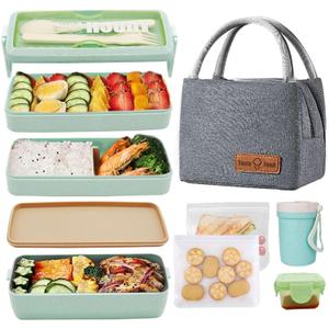 Bento Box Upgrade Japanese Lunch Box Kit,3 Layer Stackable Leakproof Lunch Box Containers with Accessories,Wheat Straw Bento Lunch Box for Kids and Adults