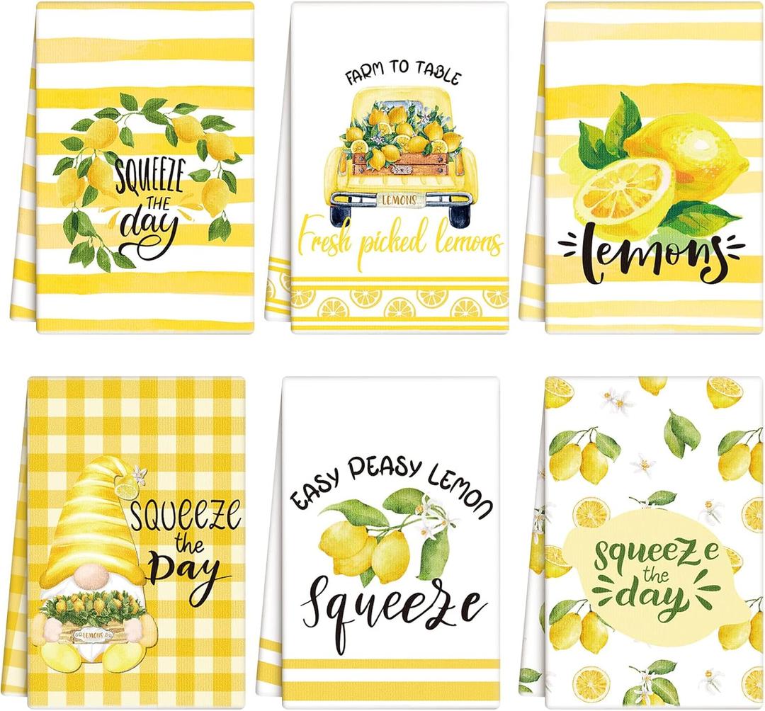 Zubebe 6 Pcs Lemon Kitchen Towels Summer Lemon Dish Cloth Set 18 x 28 Inch Ultra Absorbent Yellow Hand Cloths Tea Towels for Cooking Baking, Housewarming Gift for Home