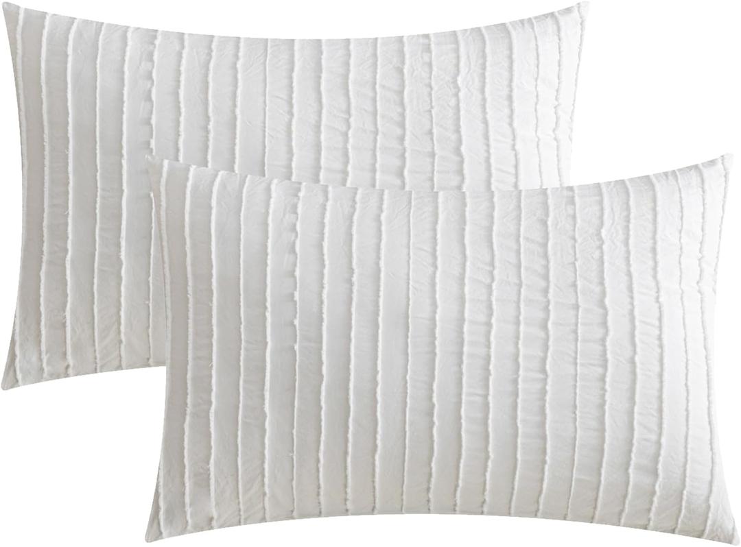 JELLYMONI 2 Pack White Pillowcases Standard Size, Soft Microfiber Striped Tufted Pillow Covers with Envelope Closure (Pillows are not Included)