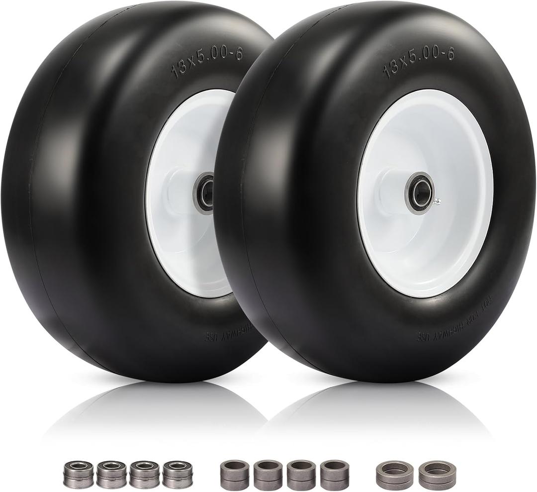 13x5.00-6 Flat Free Lawn Mower Tire, Zero Turn Mower Front Tires, 13x5x6 Solid Mower Wheel for Residential and Commercial, with 1/2" 3/4" 5/8" Precision Bearings, 3.25"-6.85" Centered Hub, 2 Pack, 13x5.00-6 Flat Free with Rim