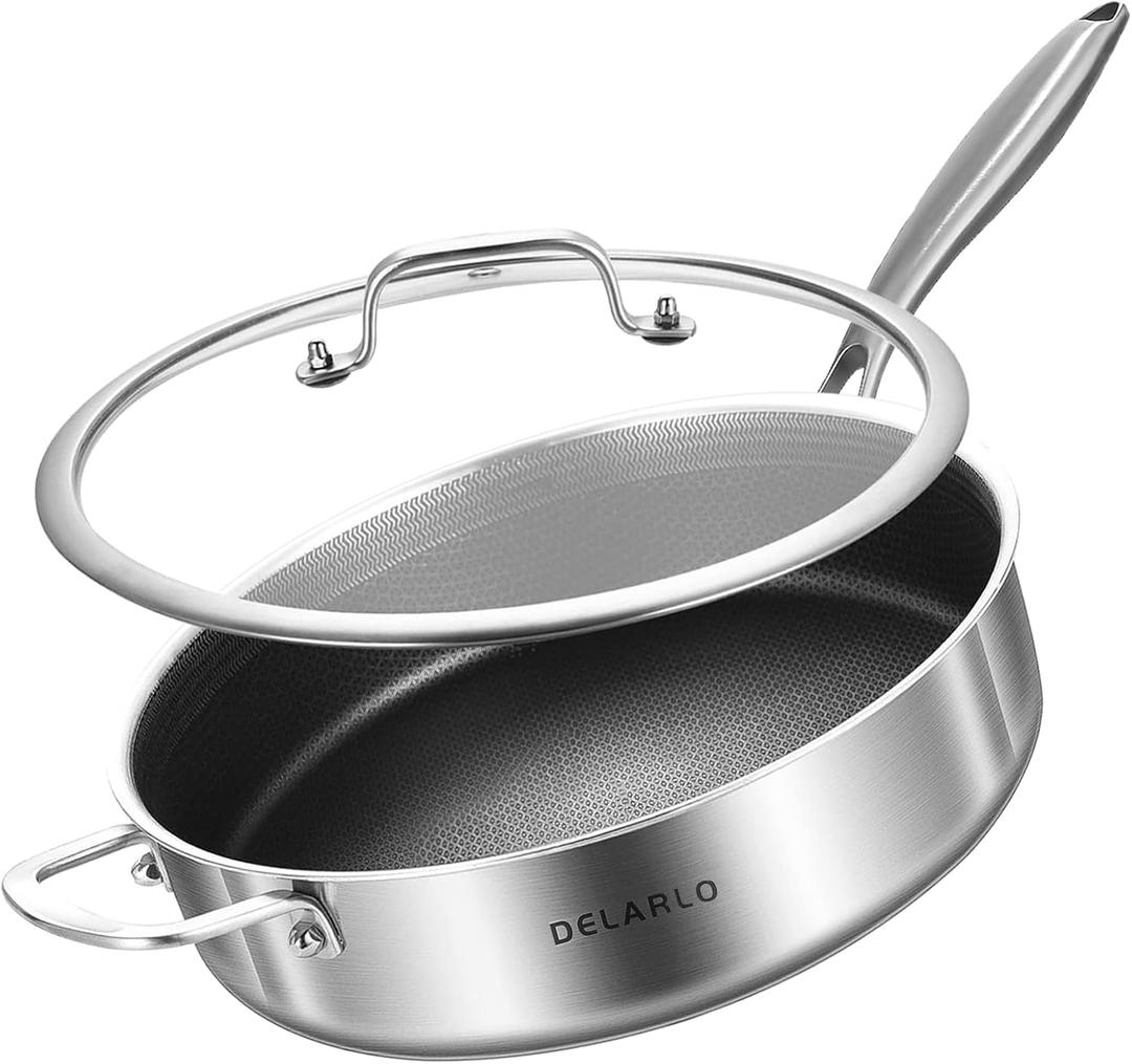 DELARLO Frying Pan, 12 inch Tri-Ply Stainless Steel Skillet, 6 Quart Saute Pan with lid, Compatible with All Cooktops, Oven Up to 660℉, Chicken Fryer, Dishwasher-Friendly