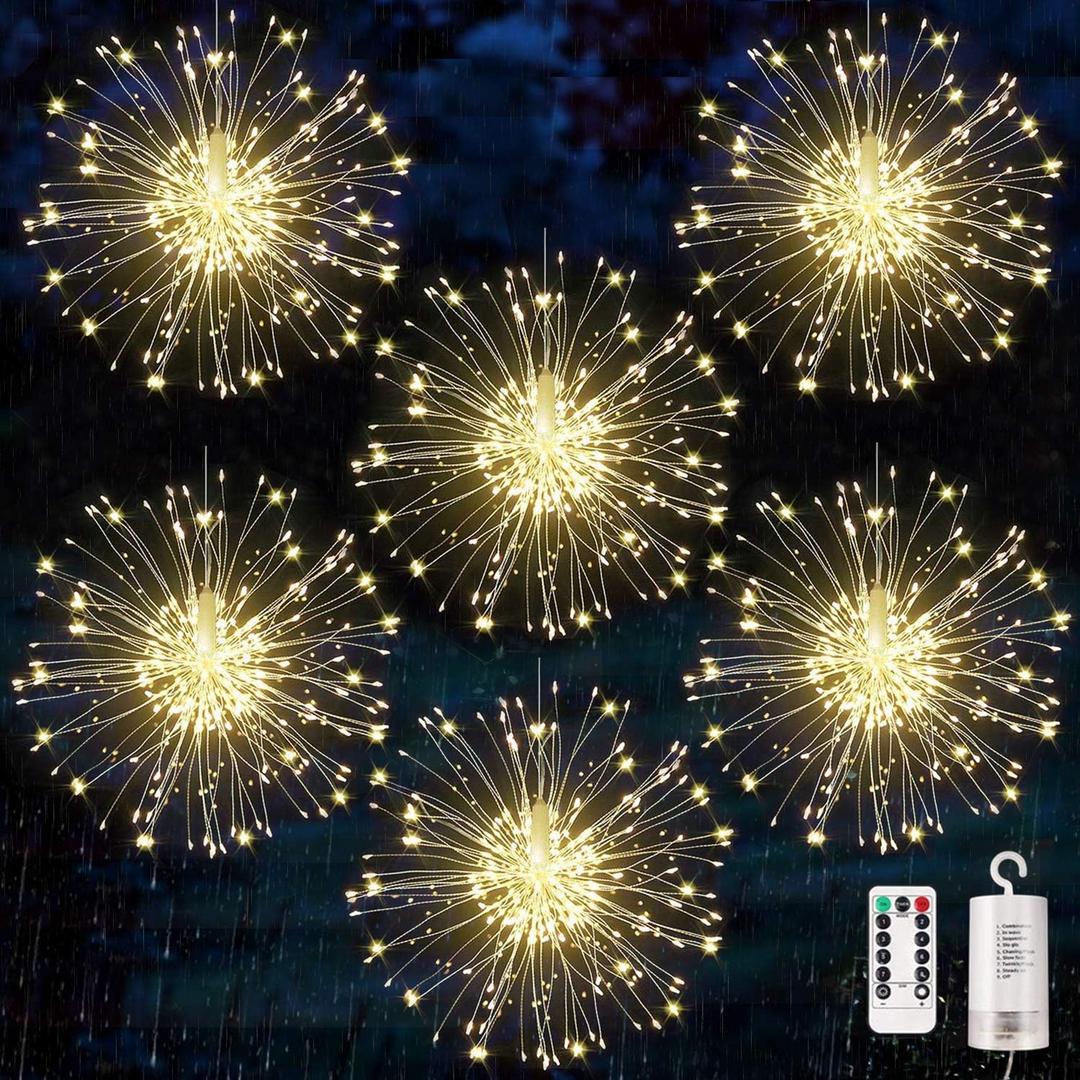 6 Pack Firework Lights - Copper Wire LED, Dimmable & Waterproof String Lights with 8 Modes & Remote Control for Indoors, Outdoors & Christmas (Warm White)