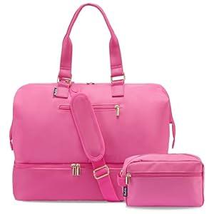 Weekender Bags for Women, Large Travel Duffel Bag with Shoes Compartment, Carry On Overnight Tote Bags with Toiletry Bag (30L, Rose Red)