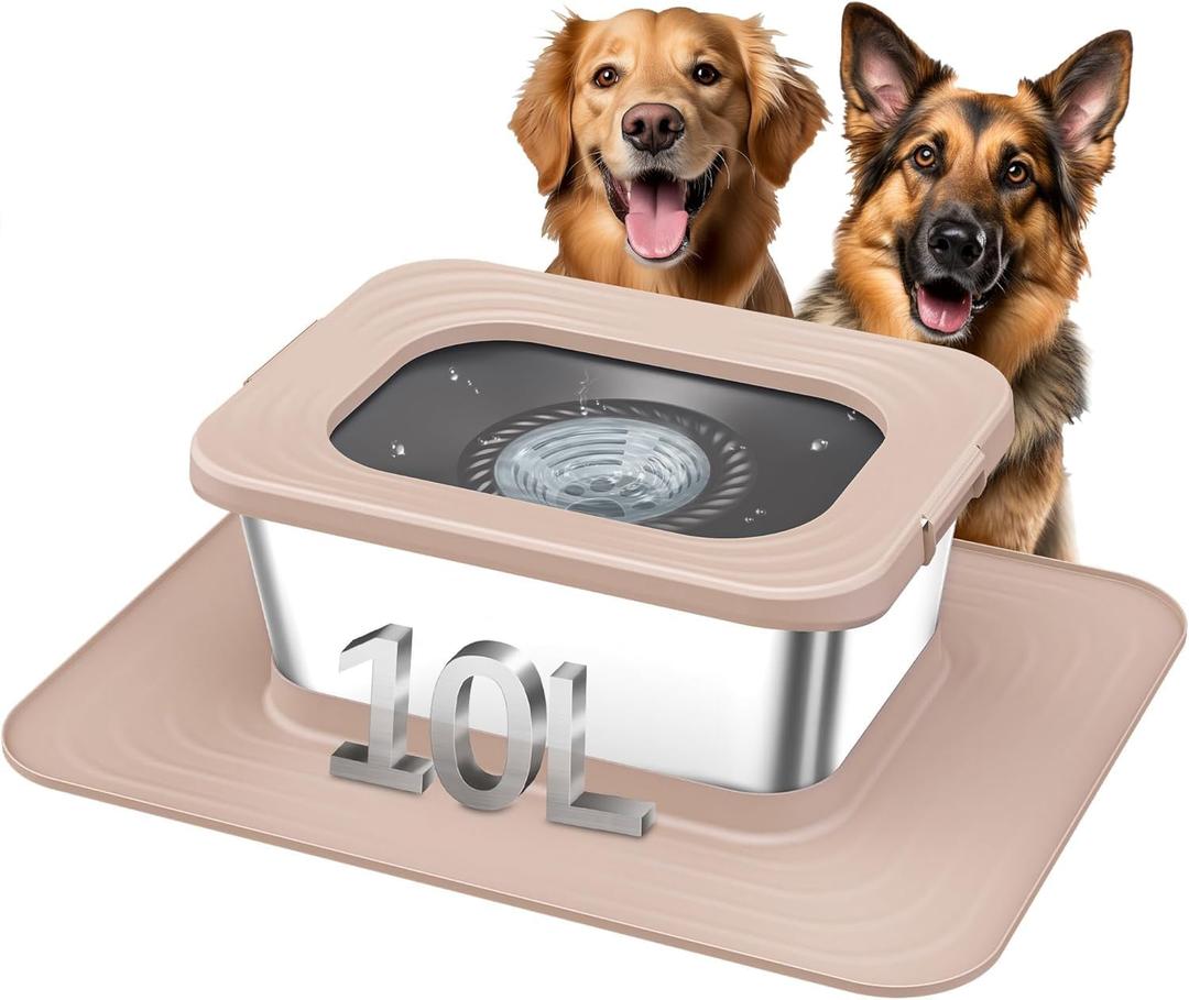 Decflow 10L Stainless Steel Dog Water Bowl, No Spill Anti-Splash Dog Bowls with XXL Silicone Mat, Spill-Proof Slow Feeder for Messy Drinkers, Heavy Duty Pet Bowls Indoor/Outdoor Use (Beige)