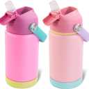 Kerilyn 12oz Kids Water Bottle 2 Pack, Stainless Steel Insulated Water Bottle Bulk, Toddler Cups with Straws Leak-Proof, Kids Water Bottles for School Boys Girls, BPA Free, Rose Red+Charm Pink