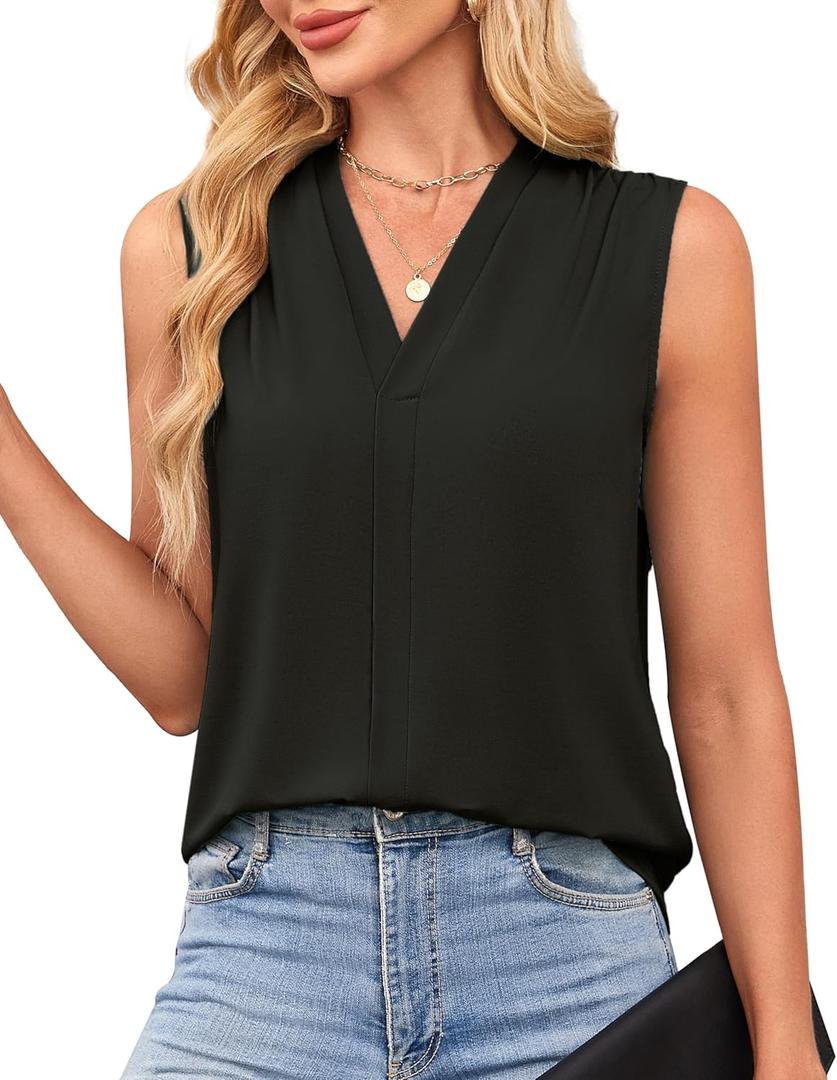 GRACE KARIN Summer Tank Top for Women Sleeveless Pleated V Neck Pullover Tee Shirt Casual Blouse Black M
