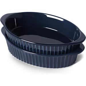 LEETOYI Porcelain Small Oval Au Gratin Pans, Baking Dish Set for 1 or 2 person servings, Bakeware with Double Handle for Kitchen and Home, Set of 2 (Navy)