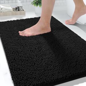 Yimobra Washable Bathroom Rugs, Super Soft & Absorbent Chenille Bath Mat for Floor & Carpet, Quick Dry Non Slip Bath Mat for Tub Shower, 32"x20",Black