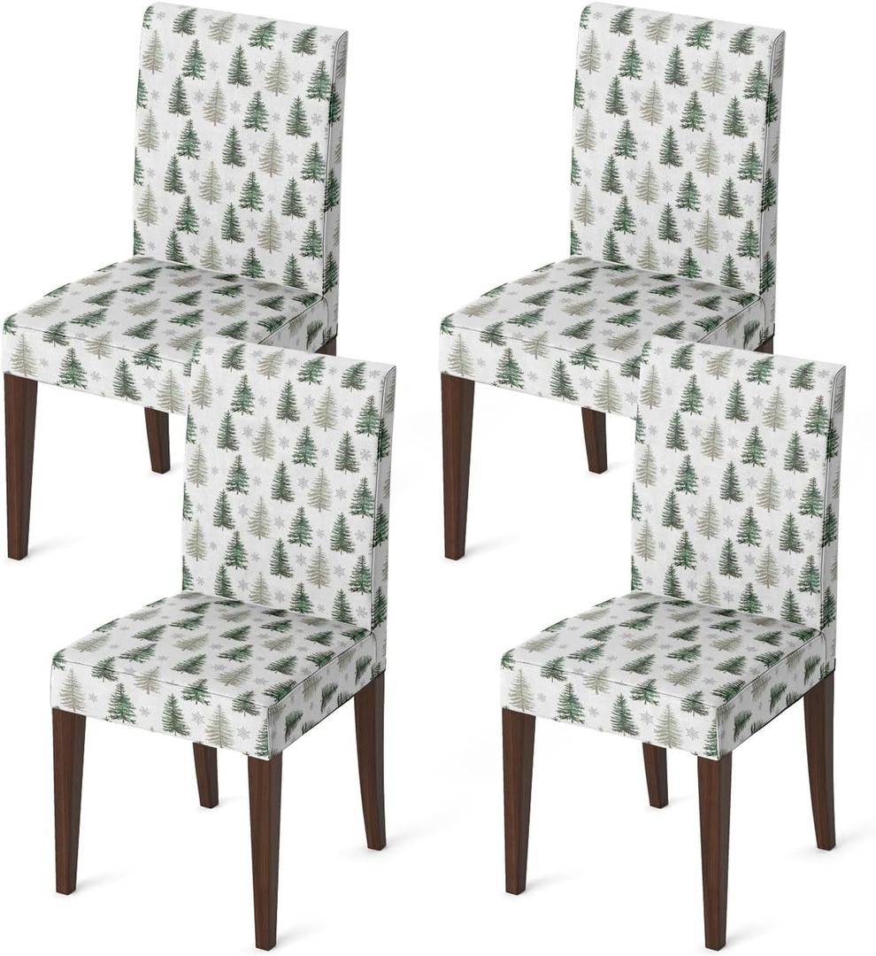 Horaldaily 4PCS Christmas Dining Chair Covers,Watercolor Christmas Trees Stretch Removable Washable Slipcover Chair Protector for Dining Room Home Decor (Green)