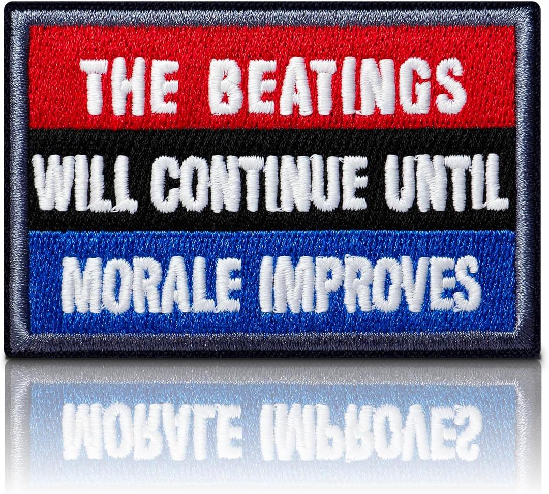 2 x Funny Patch - The Beatings Will Continue Until Morale Improves Tactical Hook & Loop Embroidered Emblem Glow-in-the-Dark Morale Patches (3"x2")