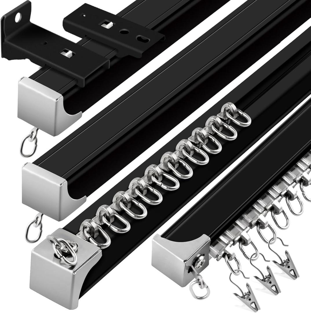 Curtain Track, (3Ft-18Ft) Flexible Curtain Track Ceiling Wall Mount Black Aluminum Curtain Rails System Room Divider Rv Heavy Duty Drop Sliding Ceiling Track Set for Window, 6 Pack
