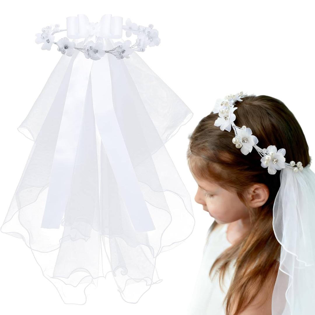 Funtery Girl First Communion Veil Flower Crown Veil with Bow Cross White Lace Floral Headband Rhinestone for Catholic Baptism(Cute Bow Ribbon)