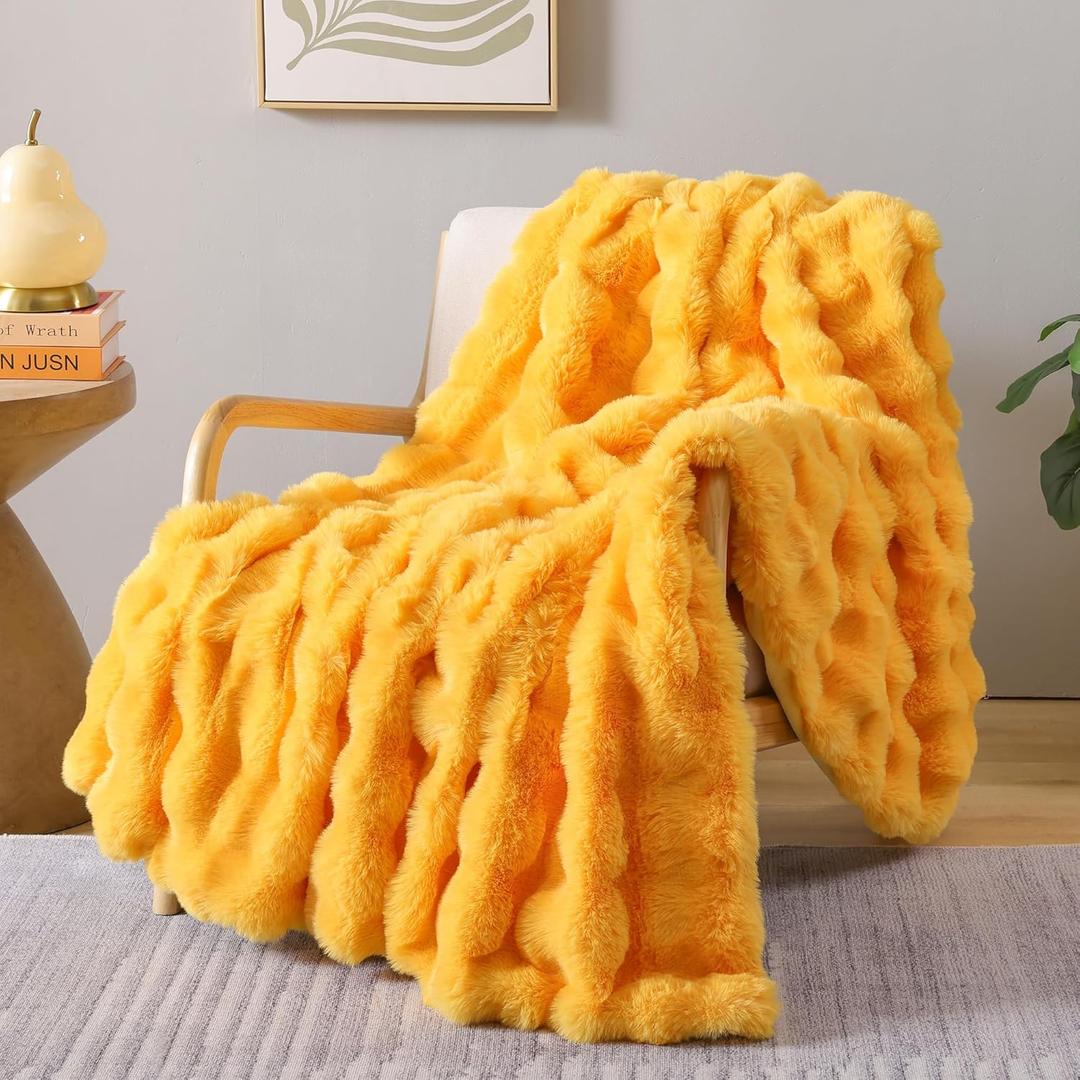 Smoofy Faux Fur Throw Blanket for Couch - Mustard Yellow Soft Cozy Bubble Blanket, Fluffy Plush Fuzzy Throw for Sofa & Bed, Thick Lightweight Warm Blanket, Luxury Aesthetic Gift for Women 60"x80"