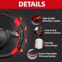 NBTEPEM 6 Pcs Red Car Accessories Set, Sport Leather Steering Wheel Cover 14.5-15inch Universal, Microfiber Leather Car Center Console Cover, Seat Belt Cushion, Cup Holder Coaster (Black-Red)