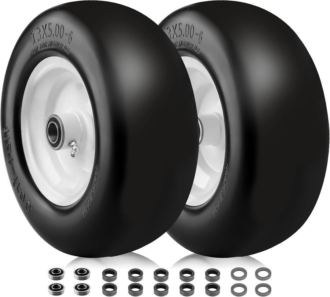 Upgraded 13x5.00-6 Lawn Mower Tires Flat Free, Zero Turn Mower Front Tires for Residential and Commercial, 13x5.0-6 Flat Free Tire and Wheel, 3/4" & 5/8" Bearing, 3.25"-6.6" Center Hub