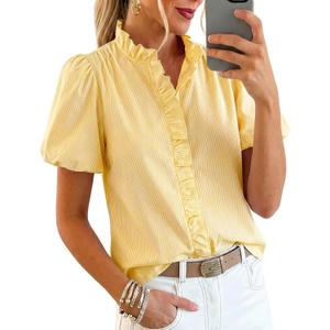 Womens Short Puff Sleeve Button Down Shirts Striped Gingham Ruffle Stand Collar Blouse Business Casual Preppy Tops (Large, Yellow White Stripe)