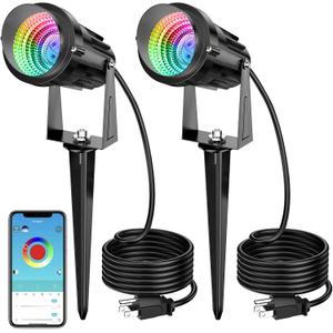 1500LM LED High Brightness Outdoor Landscape Lighting 15W RGB Color Changing Landscape Lights Bluetooth Remote Control Spot-Lights with Plug in IP66 Waterproof Flood Light for Garden - Pack of 2 