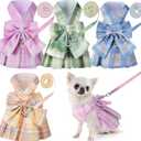 Potchen 4 Pcs Cute Plaid Dog Dress Set with Bow Tie Harness & Leash for Small Dogs, Puppy Clothes for Girls Outfits(L,Light Color)
