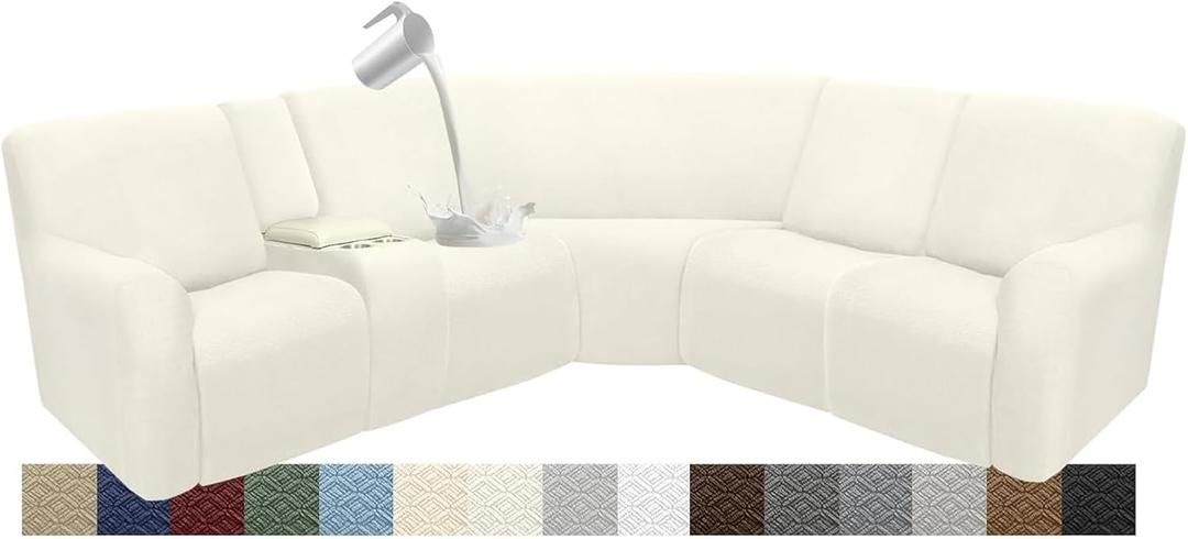 Reclining Sectional Couch Covers Waterproof L Shape Washable Recliner Sofa Cover for L Shaped Sectional Soft Corner Recliner Slipcovers (5 Seater 1 Console Cover, Cream)