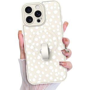 KANGHAR Compatible with iPhone 16 Pro Max Case, Support for MagSafe, Silicone Speck Leopard Cute Pattern, Wristband Kickstand Camera Protection Soft Slim Cover for Girls Women -White