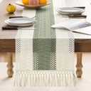 ZeeMart Macrame Style Bicolor Stitching Table Runner, 14 x 72 Inch Green/Ivory, Boho Sage Green Table Runners 72 Inches Long, Farmhouse Woven Home Decor