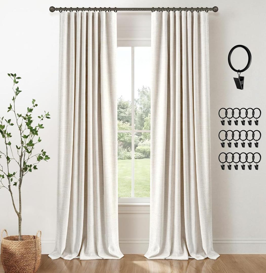 INOVADAY 100% Blackout Curtains for Bedroom, Black Out Curtains 84 Inch Long, Clip Rings Linen Blackout Drapes, Thermal Insulated Room Darkening for Living Room, 2 Panels - Beige,W50xL84