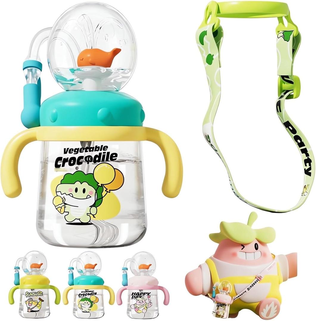 Drinking Cup with Whale Squirt 2025 Kids Weighted Sippy Cups No Spill Cute Water Bottle with Lids and Straws Leak Proof Handles Adjustable Strap 360 Squirting Milk Straw Training Sippy Cup (Crocodile)