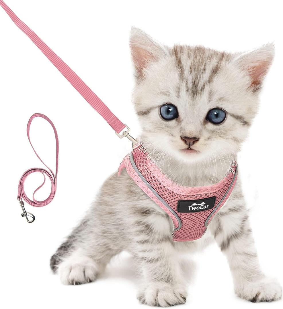TwoEar Cat Harness Escape Proof, Soft Dog Vest Harness Adjustable, Breathable Mesh Step-in Puppy Walking Jacket Reflective Easy Control for Extral Small Pets for Outdoor Walking (XXXS, Pink) (XXXS(Neck:10.2-11.4"/Chest:11.4-12.6"))