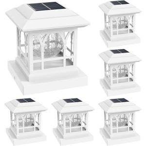 Fence Post Solar Lights, Crackle Glass Solar Post Cap Lights, 20 Lumens, Warm White & RGB Automatic Cycling 2 Modes for 3.6x3.6 4x4 4.5x4.5 5x5 Vinyl Wooden Posts Decoration, White (6 Pack)